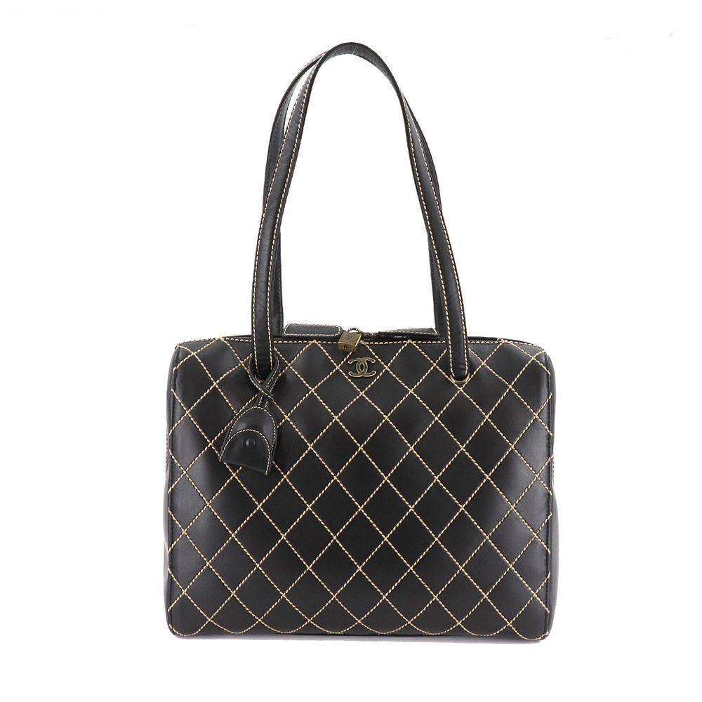 Chanel Metal Fittings Gold Leather Black Wild Stitch Shoulder Bag